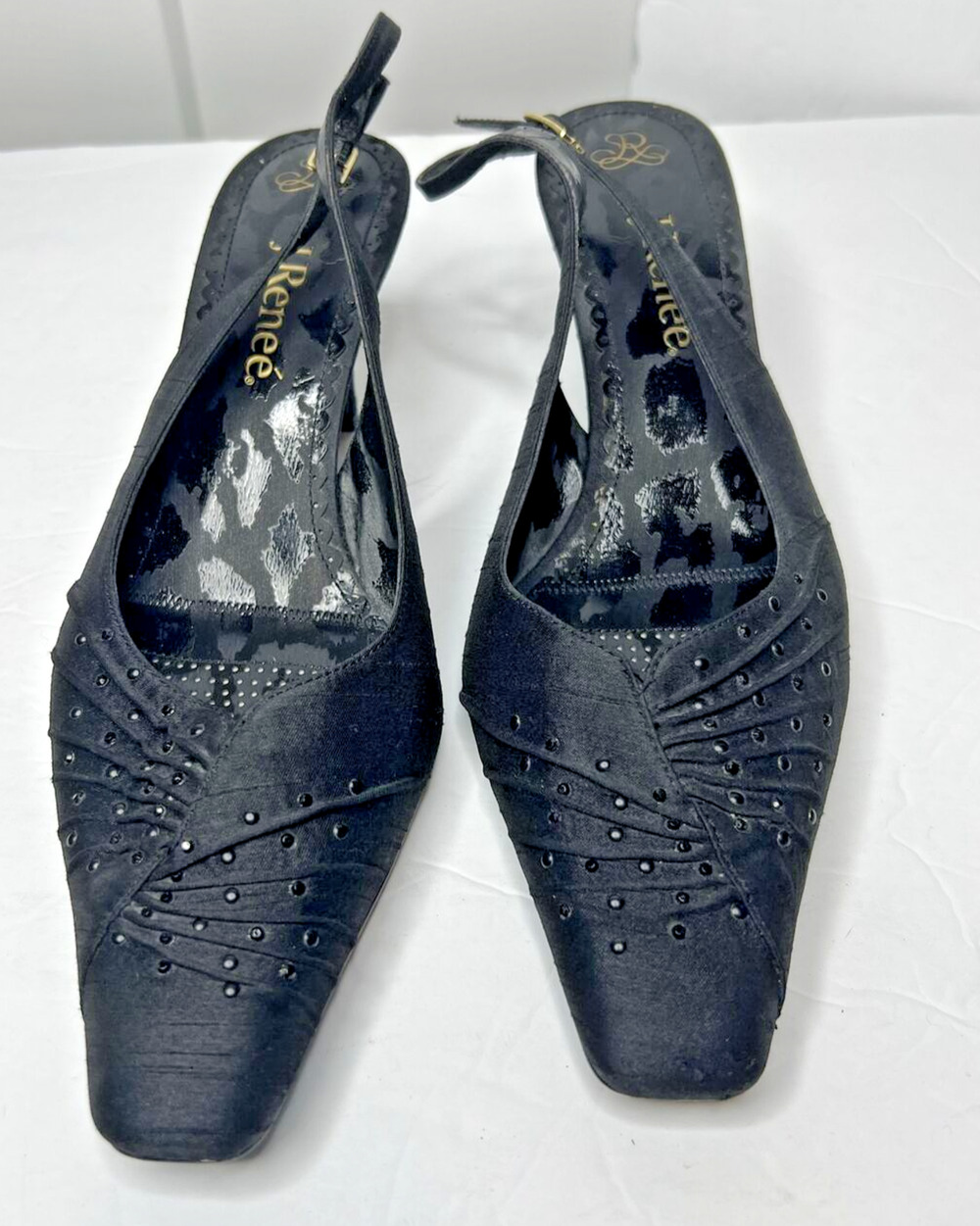J. Renee Beck Women Shoes Black Closed Toe Sling Back Heels Size 9.5 Rhinestone